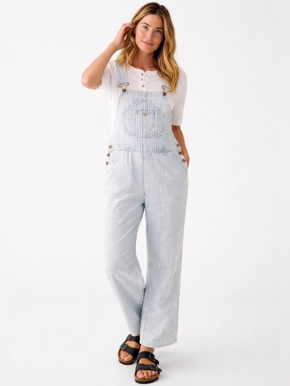 Faherty Topsail Railroad Stripe Overalls Utility Denim Blue White Herringbone S